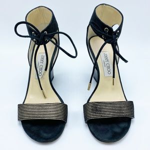 Jimmy Choo 6.5 /36.5 Black & Gold Stripe Lace-up Tie Wedge Suede Sandal